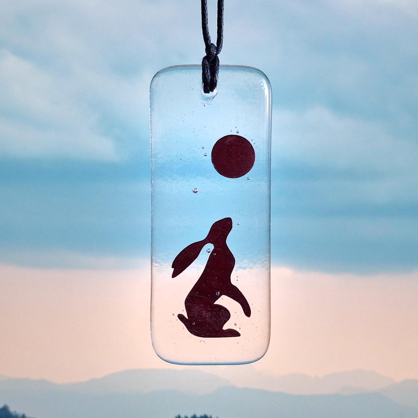 Moon Gazing Hare Fused Glass, Hanger, Copper, Hanging, Gift, Hare, moon gazing hare, March hare, Hare and Moon, suncatcher, glass hanging