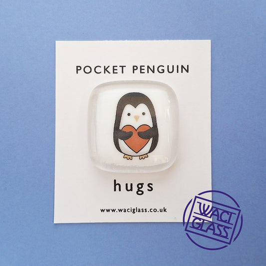 Pocket Hug, Penguin, Fused Glass, Penguin pocket hug, love you, thinking of you, miss you, you are amazing, pocket hug gift
