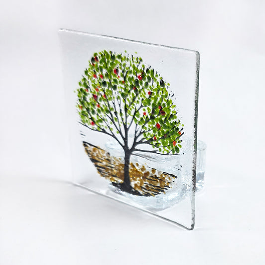 Handmade fused glass tealight holder featuring a green tree design with red accents. A beautiful nature-inspired glass gift for the home. (Copy)