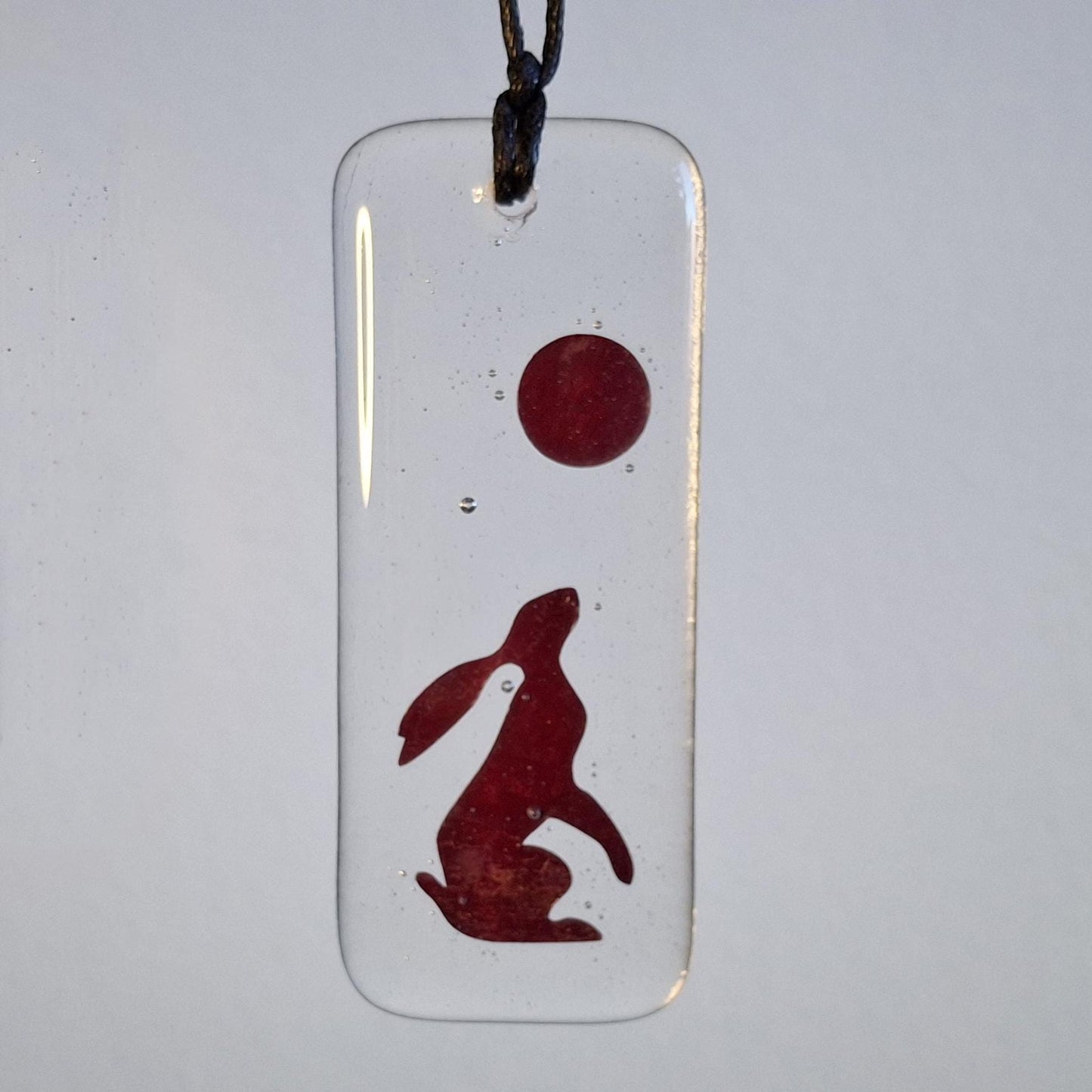Moon Gazing Hare Fused Glass, Hanger, Copper, Hanging, Gift, Hare, moon gazing hare, March hare, Hare and Moon, suncatcher, glass hanging