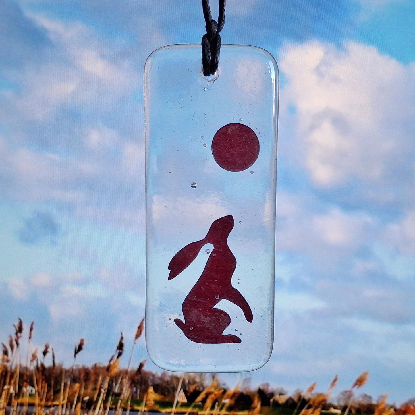 Moon Gazing Hare Fused Glass, Hanger, Copper, Hanging, Gift, Hare, moon gazing hare, March hare, Hare and Moon, suncatcher, glass hanging