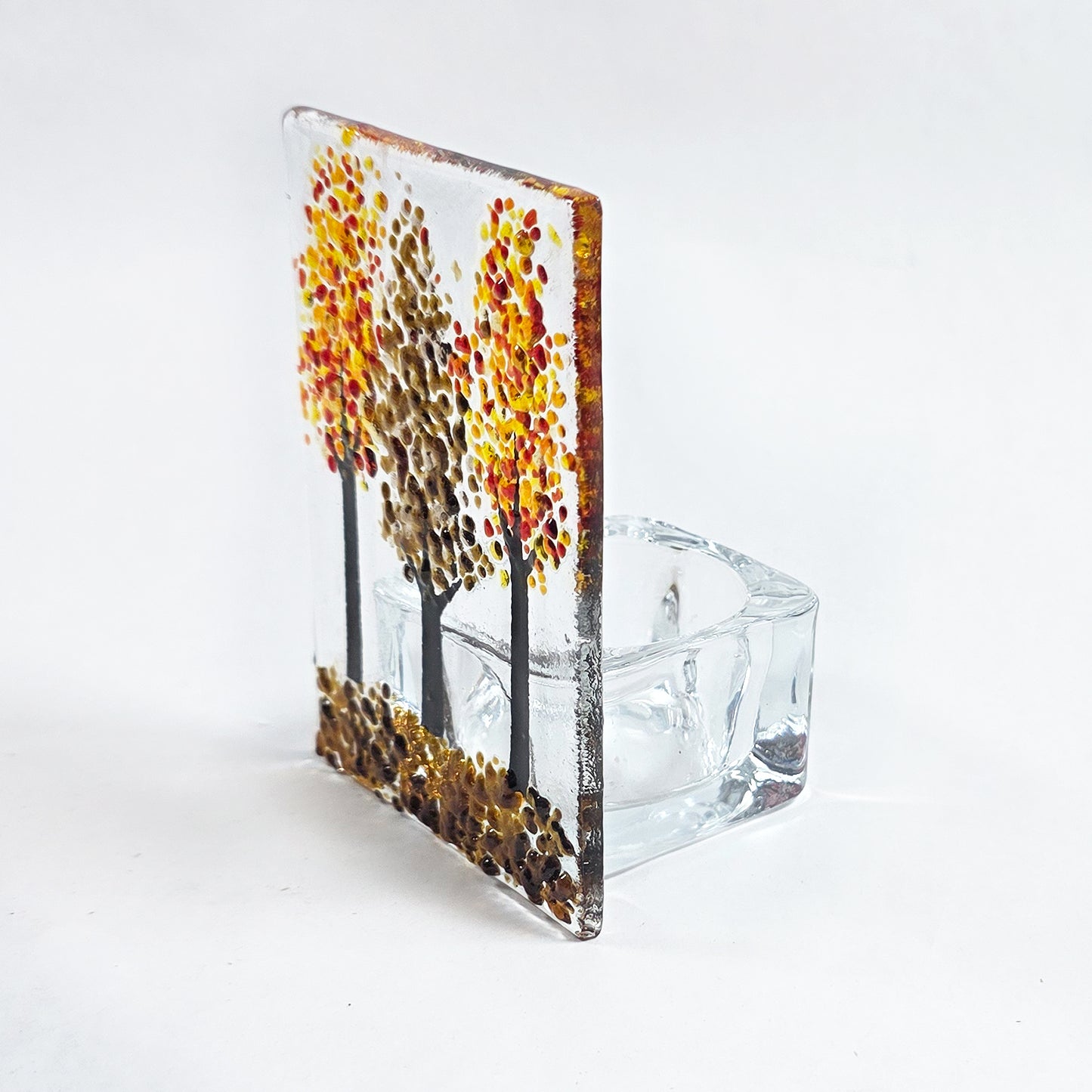 Handmade Fused Glass Autumn Trees Tealight Holder – Glass Candle Holder with Woodland Scene