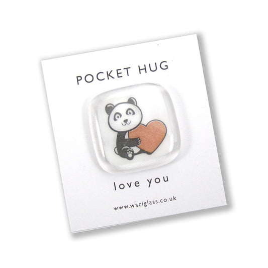 Panda Pocket Hug Fused Glass, hugs, love you, thinking of you, miss you, you are amazing, NHS, key worker, friendship gift, pocket pebble