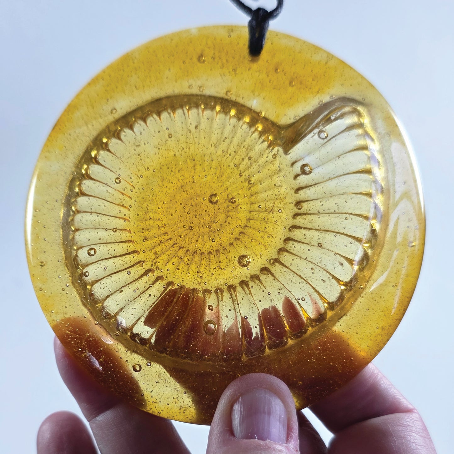 Ammonite Fused Glass, Glass Hanger Amber, Fossil Design. Glass gift, fossil lover, Glass sun catcher, Glass Relief Design