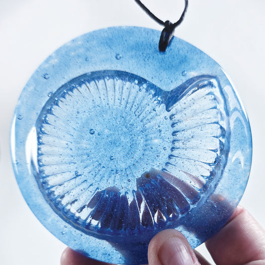 Blue Ammonite Fused Glass Hanger, Sun Catcher, Kiln Fired, fossil, Cast Glass fossil, glass art, glass gift