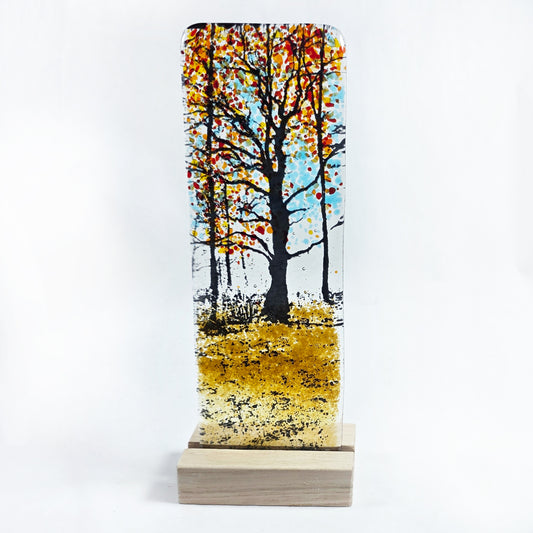 Fused Glass Autumn Forest Tree Panel with Wooden Stand – 22cm - Handmade Glass Art