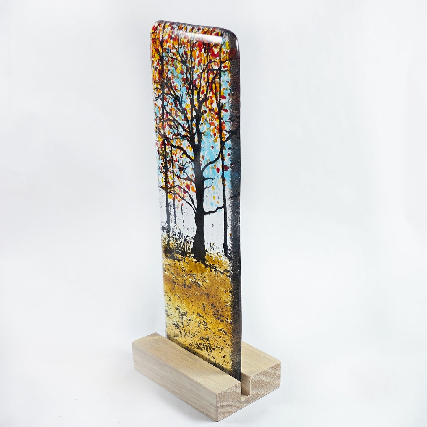 Fused Glass Autumn Forest Tree Panel with Wooden Stand – 22cm - Handmade Glass Art