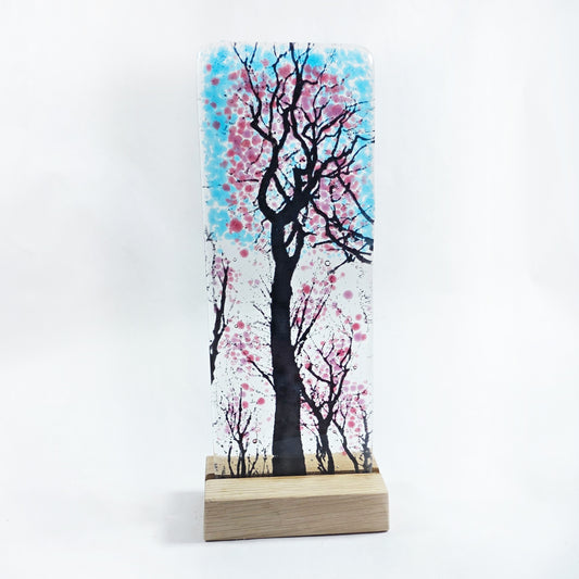 Handmade Fused Glass Pink Blossom Tree Panel – Freestanding Glass Art with Wooden Base – 22cm Tall