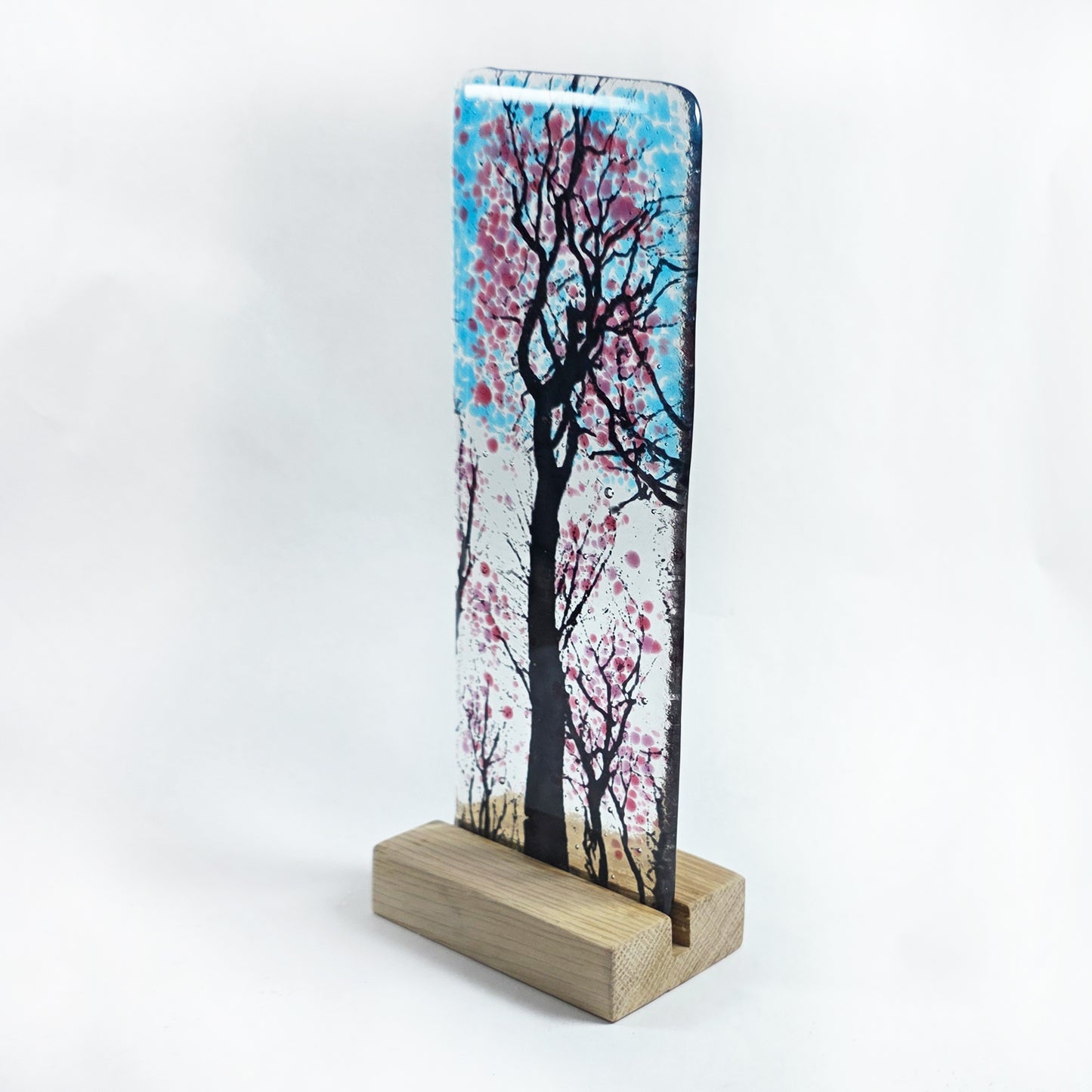Handmade Fused Glass Pink Blossom Tree Panel – Freestanding Glass Art with Wooden Base – 22cm Tall