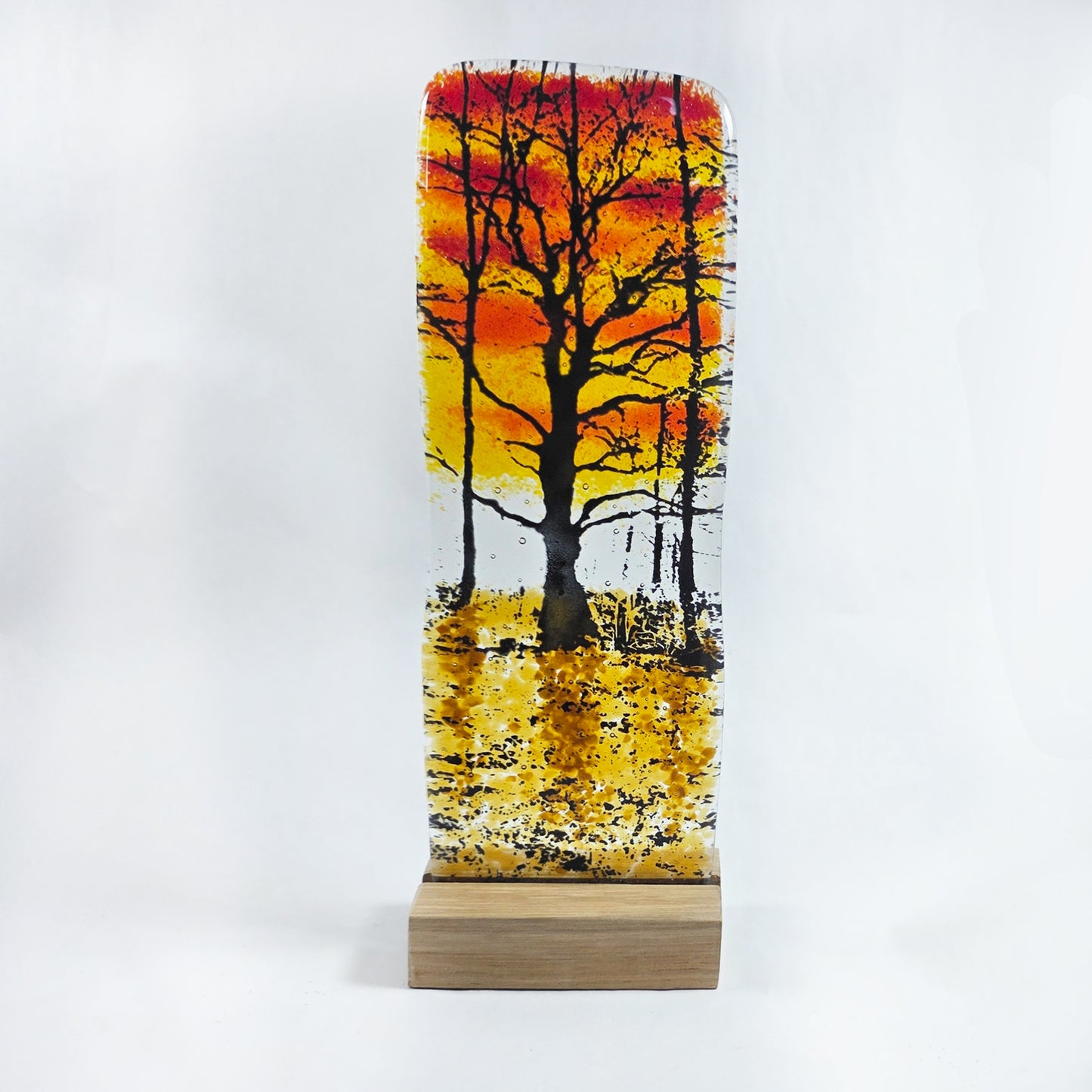 Fused Glass Sunset Trees Art Panel with Wooden Stand – Handmade Autumn Woodland Glass Decoration Short Description