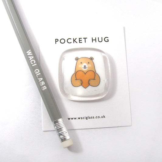 Bear Pocket Hug Fused Glass. hugging heart, Keepsake, pocket heart, friendship, NHS gift, isolation gift, brown bear, pocket token, bear hug
