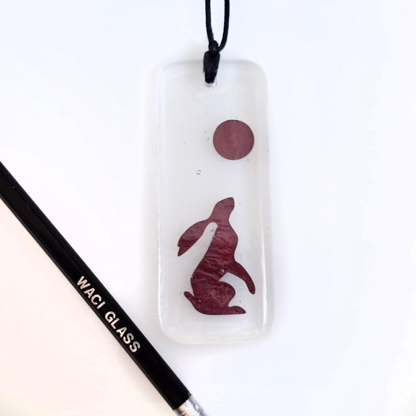 Moon Gazing Hare Fused Glass, Hanger, Copper, Hanging, Gift, Hare, moon gazing hare, March hare, Hare and Moon, suncatcher, glass hanging