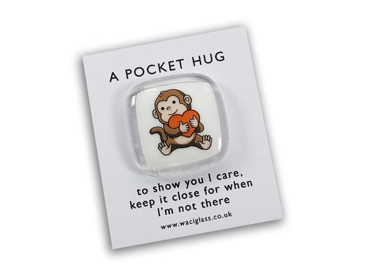 Monkey Hug Fused Glass pocket hug, love you, thinking of you, miss you, you are amazing, gift for her, friendship gift, sympathy, Monkey