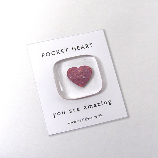 Pocket Heart fused glass, Pocket token, hugs, love you, miss you, you are amazing, keepsake, friendship, birthday, gift for her, co-worker