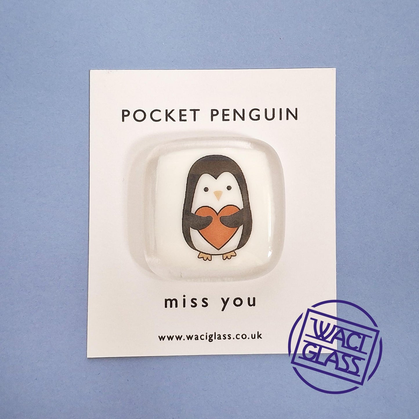 Pocket Hug, Penguin, Fused Glass, Penguin pocket hug, love you, thinking of you, miss you, you are amazing, pocket hug gift
