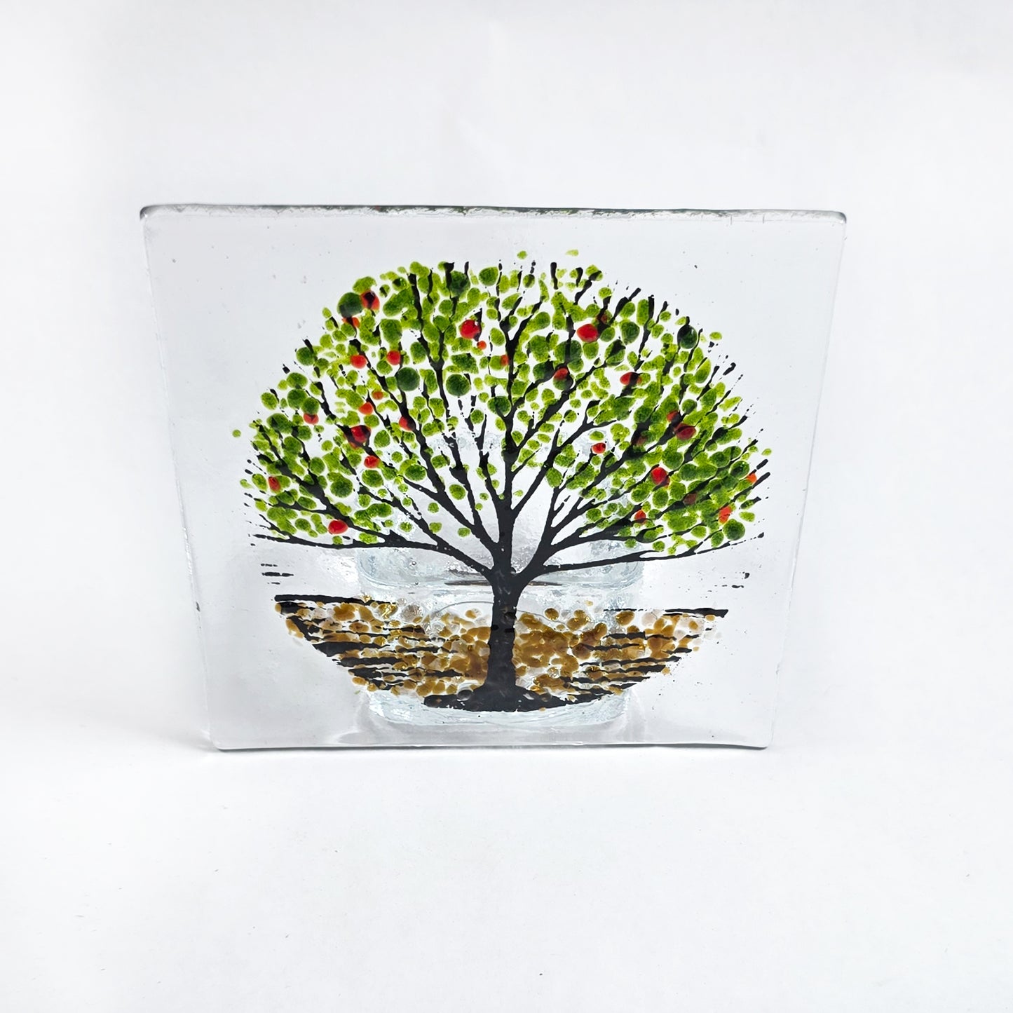 Handmade fused glass tealight holder featuring a green tree design with red accents. A beautiful nature-inspired glass gift for the home. (Copy)