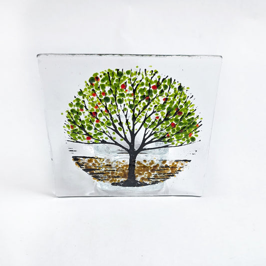 Handmade fused glass tealight holder featuring a green tree design with red accents. A beautiful nature-inspired glass gift for the home. (Copy)