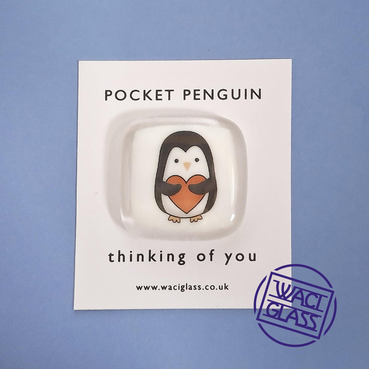 Pocket Hug, Penguin, Fused Glass, Penguin pocket hug, love you, thinking of you, miss you, you are amazing, pocket hug gift