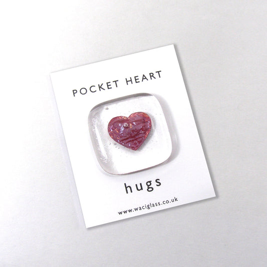 Fused Glass Heart Pocket token hugs love you miss you, you are amazing, keepsake, friendship, birthday, gift for her, co-worker, pocket gift
