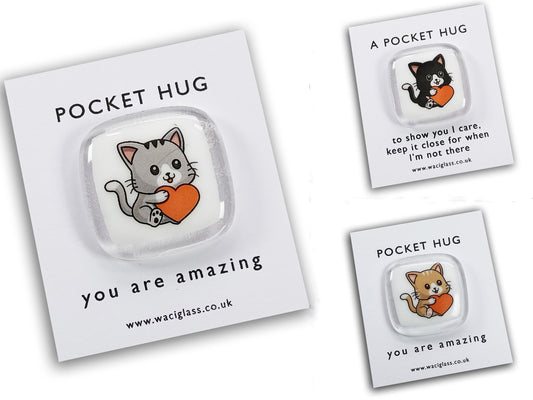 Cat pocket hug, fused glass, love you, thinking of you, miss you, you are amazing, gift for her, friendship gift, cat, kitten, Pocket Hug