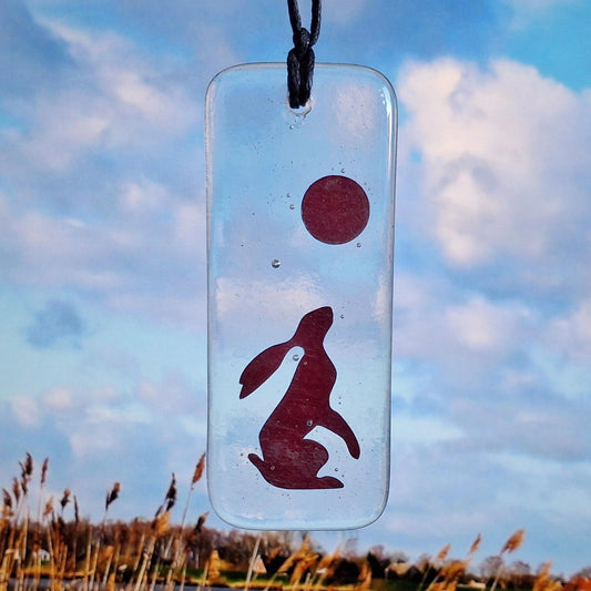 Moon Gazing Hare Fused Glass, Hanger, Copper, Hanging, Gift, Hare, moon gazing hare, March hare, Hare and Moon, suncatcher, glass hanging