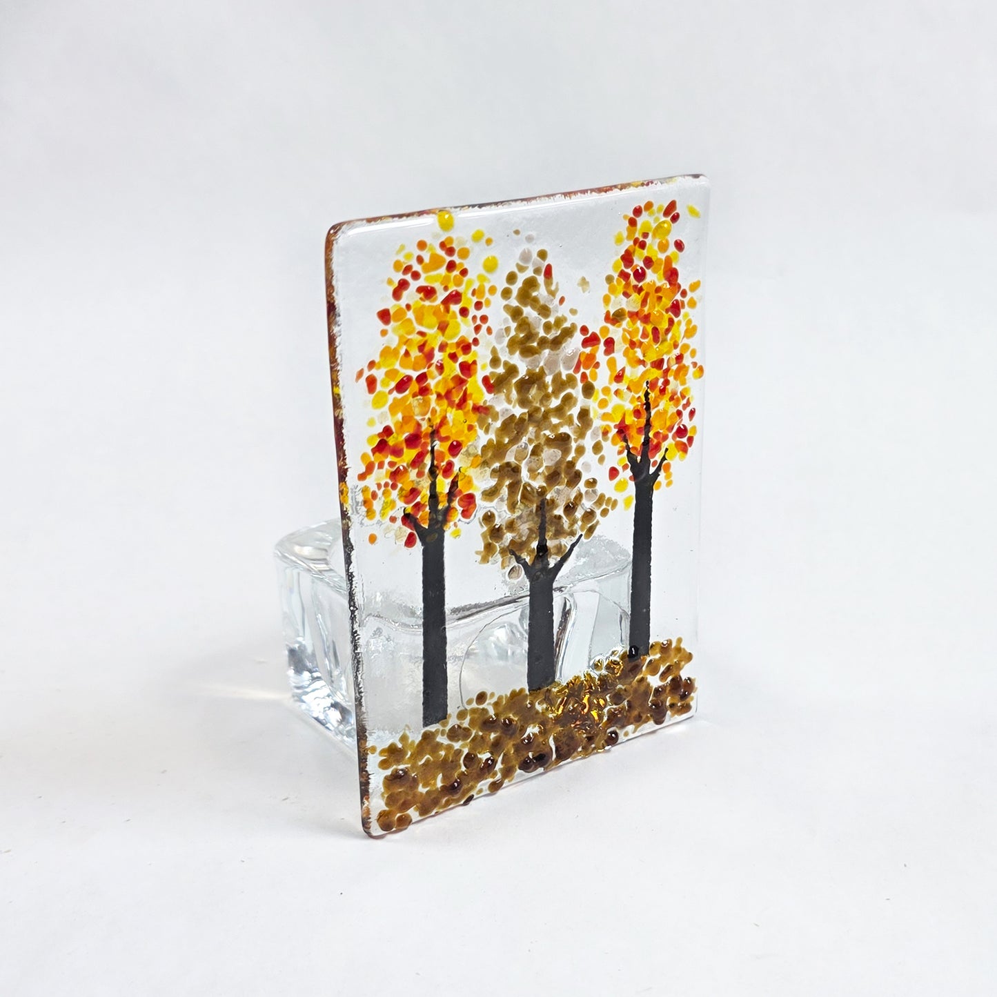 Handmade Fused Glass Autumn Trees Tealight Holder – Glass Candle Holder with Woodland Scene