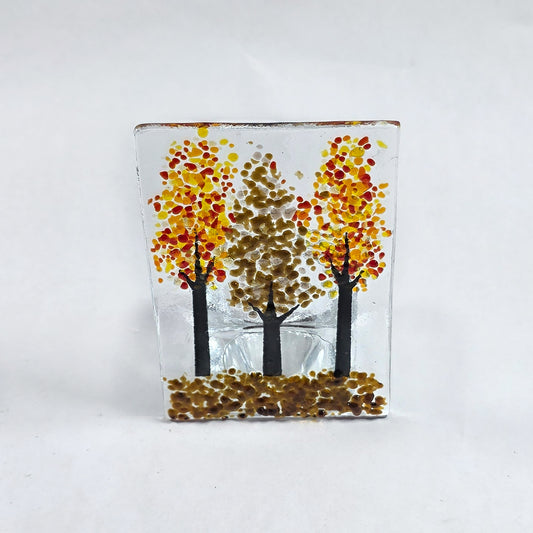 Handmade Fused Glass Autumn Trees Tealight Holder – Glass Candle Holder with Woodland Scene