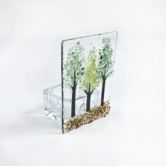 Fused Glass Tree Tealight Holder, Handmade Woodland Candle Screen, Green Tree Glass Art, Nature Inspired Home Decor, Gift for Nature Lover