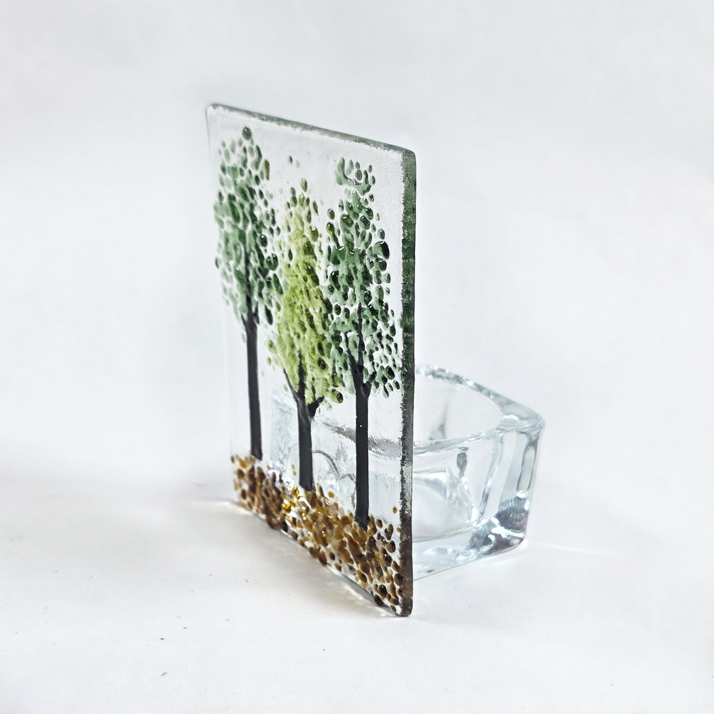 Fused Glass Tree Tealight Holder, Handmade Woodland Candle Screen, Green Tree Glass Art, Nature Inspired Home Decor, Gift for Nature Lover
