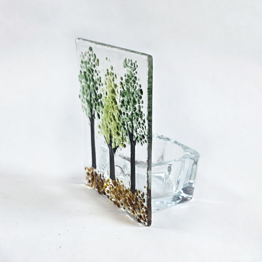 Fused Glass Tree Tealight Holder, Handmade Woodland Candle Screen, Green Tree Glass Art, Nature Inspired Home Decor, Gift for Nature Lover