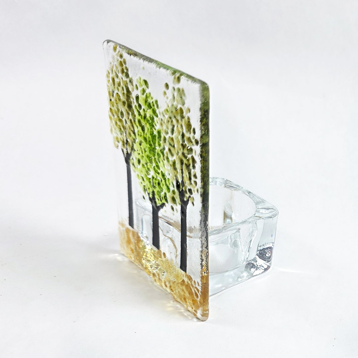 Fused Glass Tree Tealight Holder – Handmade Green Woodland Candle Holder – Decorative Glass Tea Light – Nature Inspired Home Décor Gift