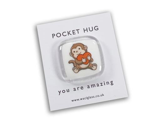 Monkey Hug Fused Glass pocket hug, love you, thinking of you, miss you, you are amazing, gift for her, friendship gift, sympathy, Monkey