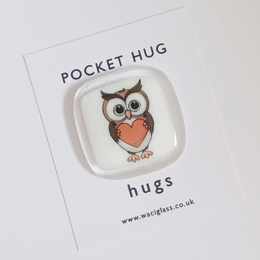 Pocket Owl Hug Fused Glass, pocket hug, love you, thinking of you, miss you, you are amazing, gift for her, friendship gift, owl gift