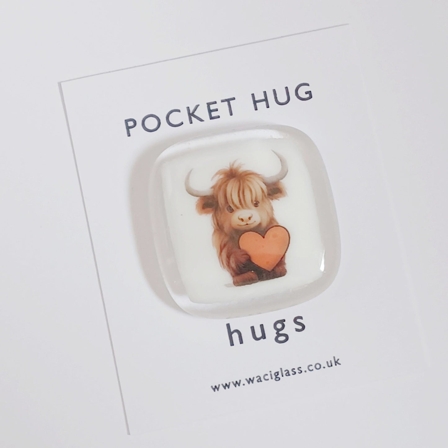 Pocket Hug Fused Glass, Highland Cow pocket hug, love you, thinking of you, miss you, you are amazing, gift for her, friendship, cow gift