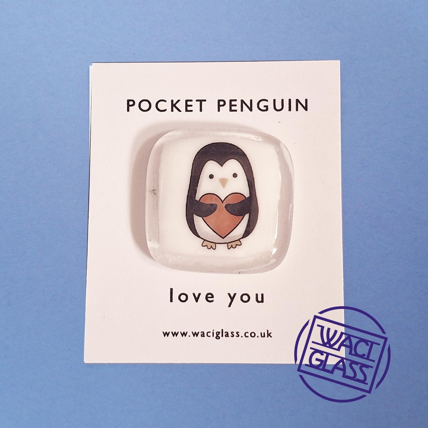 Pocket Hug, Penguin, Fused Glass, Penguin pocket hug, love you, thinking of you, miss you, you are amazing, pocket hug gift