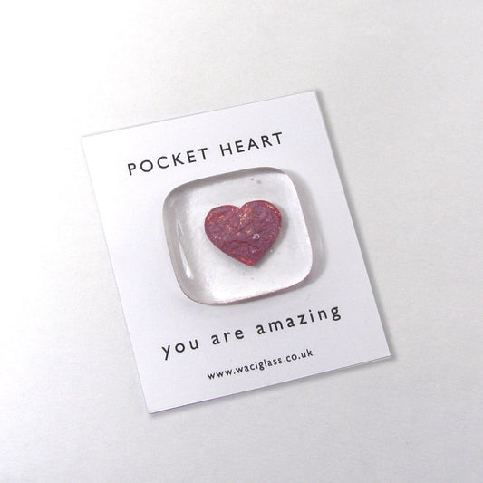 Fused Glass Heart Pocket token hugs love you miss you, you are amazing, keepsake, friendship, birthday, gift for her, co-worker, pocket gift