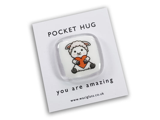 Sheep Hug Fused Glass pocket hug, love you, thinking of you, miss you, you are amazing, gift for her, friendship gift, Lamb, Pocket Hug