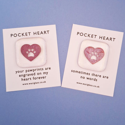 Pet Pocket Heart fused glass, Pocket token, Pet Memory, Pet Loss, pet sympathy, pet loss gift, dog loss memorial gift, paw print, pet hug