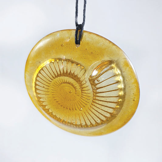 Ammonite Fused Glass, Glass Hanger Amber, Fossil Design. Glass gift, fossil lover, Glass sun catcher, Glass Relief Design
