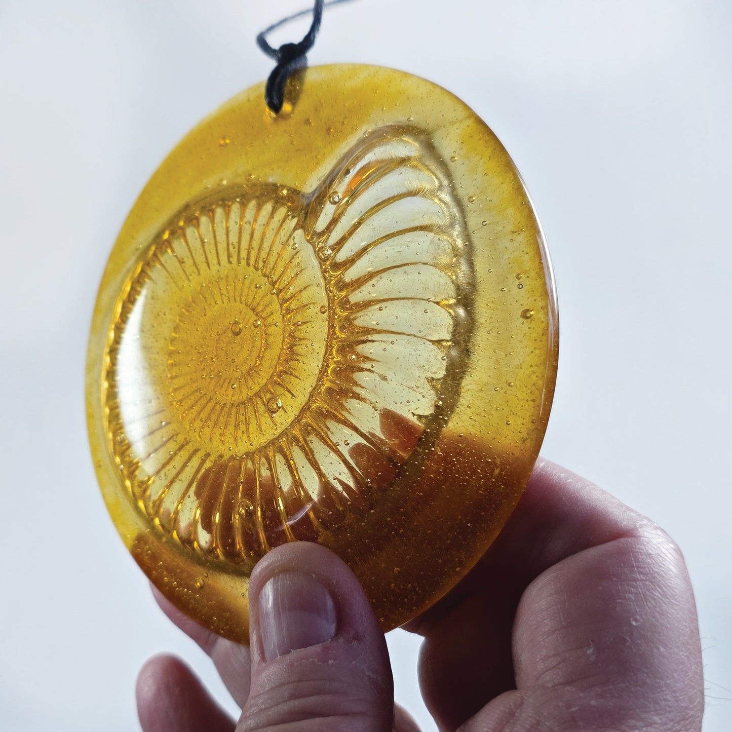 Ammonite Fused Glass, Glass Hanger Amber, Fossil Design. Glass gift, fossil lover, Glass sun catcher, Glass Relief Design