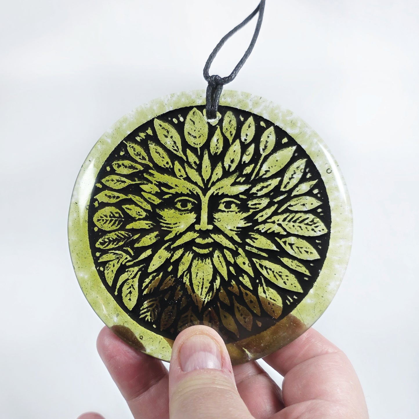 Green man Sun catcher fused glass,  Kiln Fired, Gift, glass gift, fused glass hanger, glass gift, Green man, symbol of rebirth, forest spirit