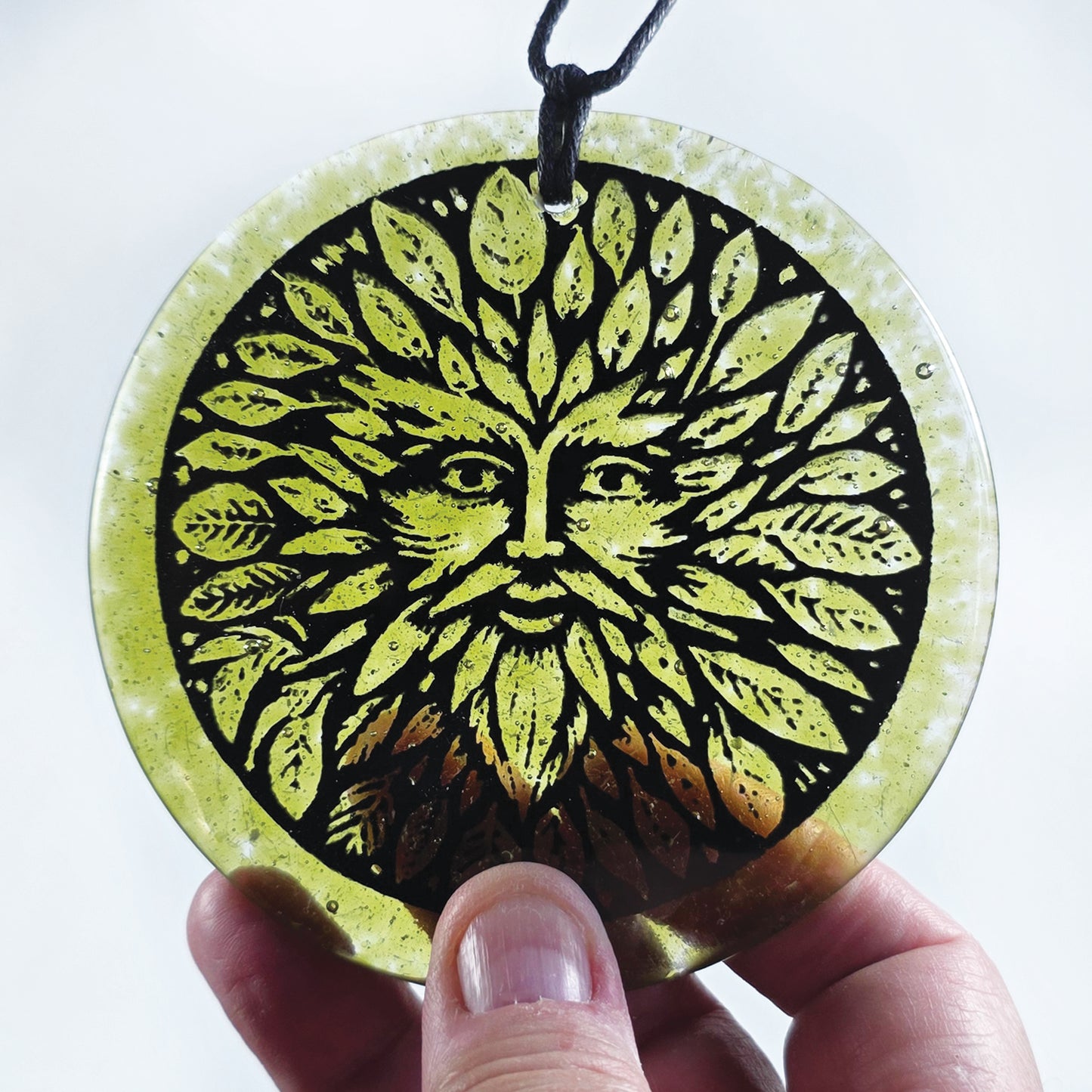 Green man Sun catcher fused glass,  Kiln Fired, Gift, glass gift, fused glass hanger, glass gift, Green man, symbol of rebirth, forest spirit