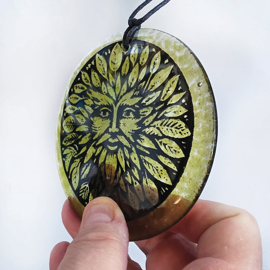 Green man Sun catcher fused glass,  Kiln Fired, Gift, glass gift, fused glass hanger, glass gift, Green man, symbol of rebirth, forest spirit