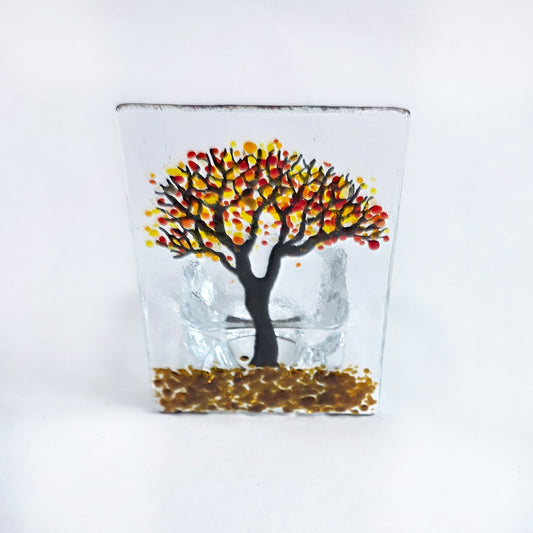 Fused Glass Autumn Tree Tealight Holder – Handmade Glass Candle Screen with Red, Orange & Yellow Leaves
