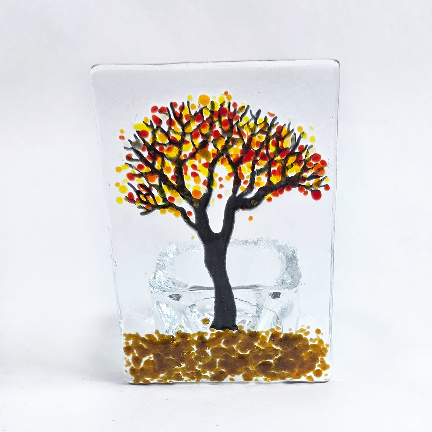 Fused Glass Autumn Tree Tealight Holder – Handmade Glass Candle Screen with Red, Orange & Yellow Leaves