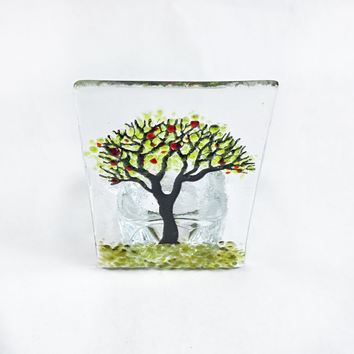 Handmade Fused Glass Cherry Tree Tealight Holder – Green Tree Candle Holder