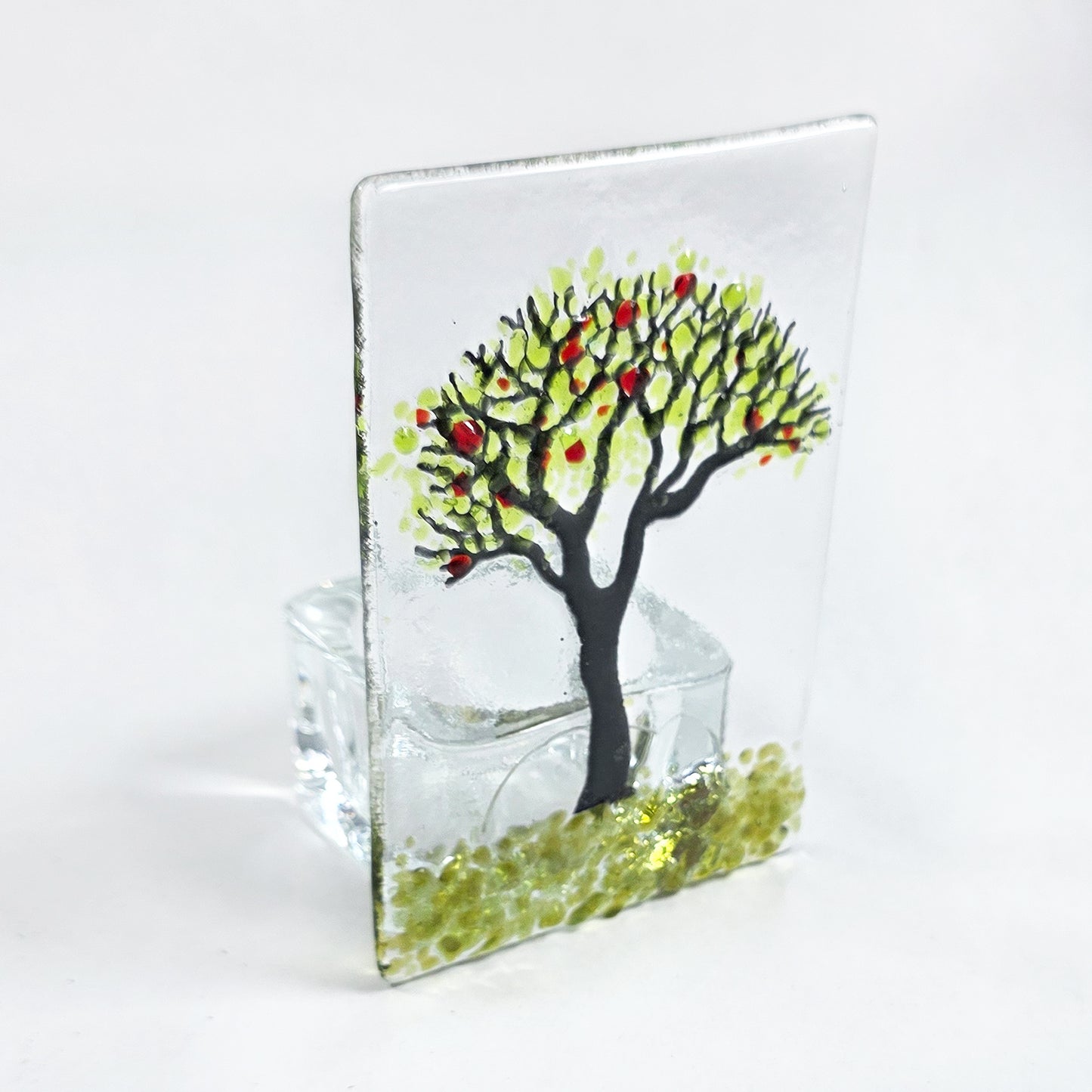 Handmade Fused Glass Cherry Tree Tealight Holder – Green Tree Candle Holder