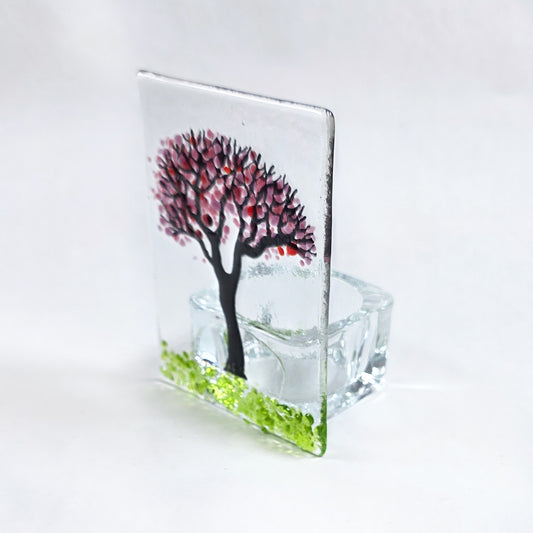 Handmade Fused Glass Pink Blossom Tree Tealight Holder