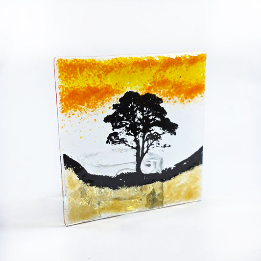 Sycamore Gap Fused Glass Tealight Holder – Handmade Autumn Tree Candle Screen – Hadrian’s Wall Inspired Glass Art