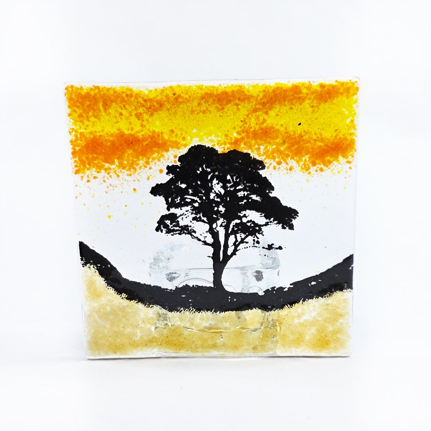 Sycamore Gap Fused Glass Tealight Holder – Handmade Autumn Tree Candle Screen – Hadrian’s Wall Inspired Glass Art